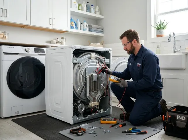 Appliance Repair Hero technician checking a dryer heating element with the rear panel off in Barneveld, NY