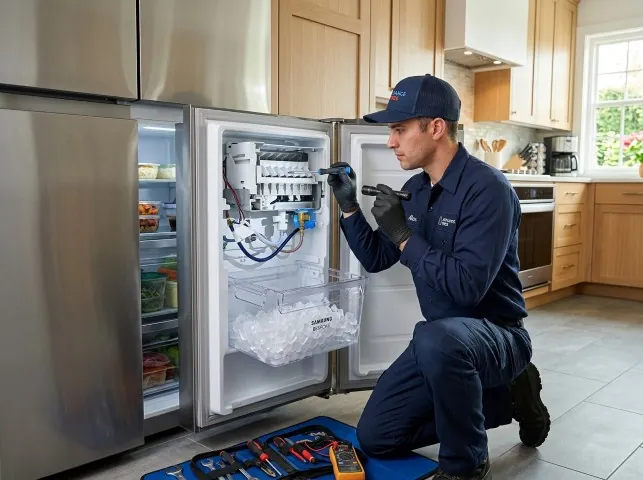 Appliance Repair Hero technician repairing a refrigerator ice maker in Barneveld, NY