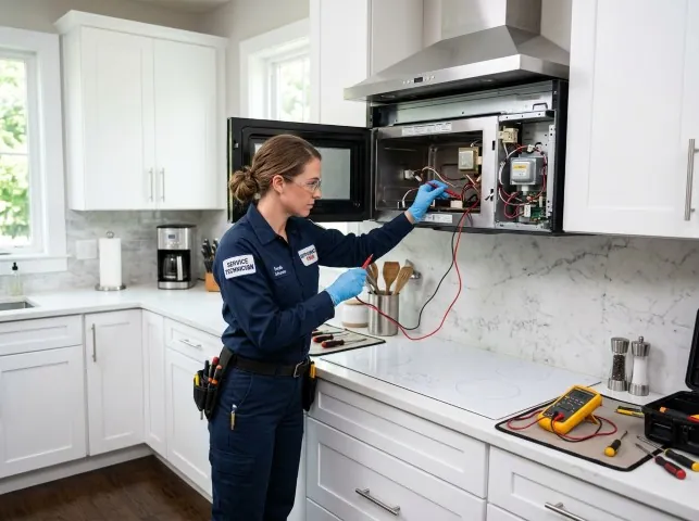 Appliance Repair Hero technician testing an over-the-range microwave in a Barneveld, NY kitchen