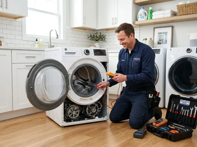 Appliance Repair Hero technician testing a front-load washer with a multimeter on a Barneveld, NY service call